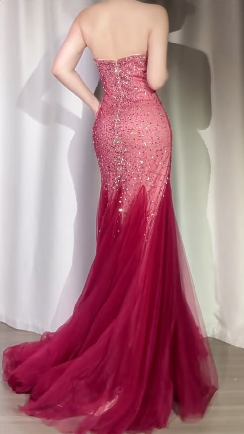 ✨Girlhomeshops-Burgundy Ombre Rhinestone Beaded Mermaid Prom Dress gh10172