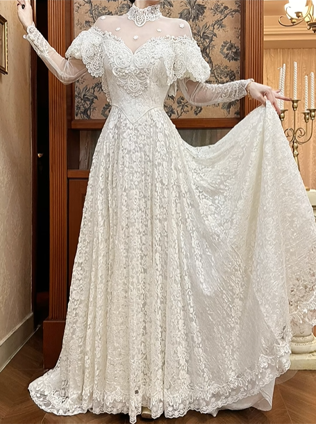 Off‑White Vintage Lace Illusion High‑Neck Off‑the‑Shoulder Ruffle Long Sleeve Fitted Waist Full Lace Train Long Prom Gown, Wedding Dress gh8612