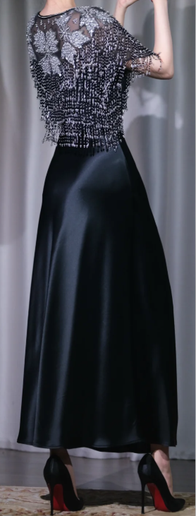 ✨Girlhomeshops-Black Satin Gown with Beaded Fringe Cape Gatsby Party Dress gh10132