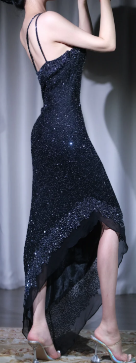 ✨Girlhomeshops-Navy One Shoulder Sequin Prom Gown Double Spaghetti Strap Midi Bodycon High Slit Dress gh10092