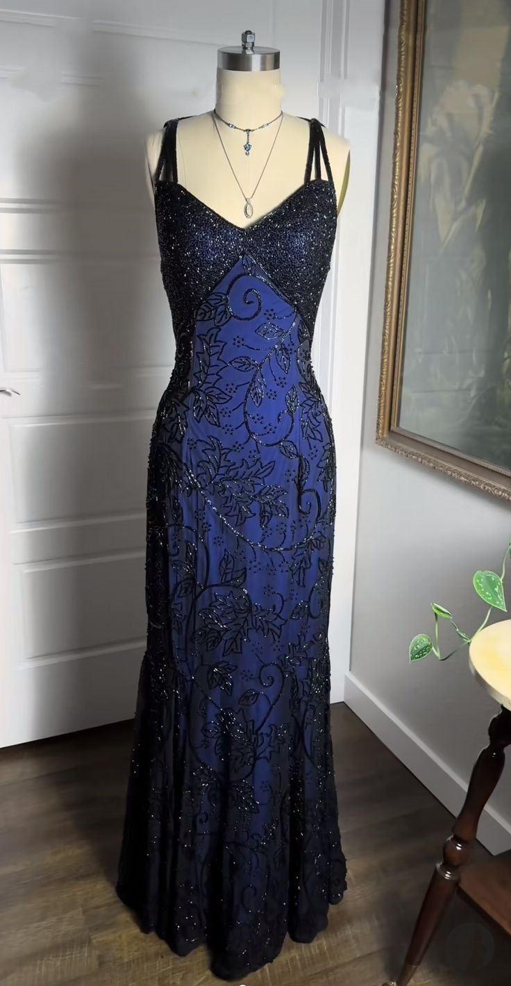 Navy Blue Shiny Elegant Exquisite Beaded Applique Straps Long Tulle Sequins Ball Gown Evening Dress Party Dress gh3189