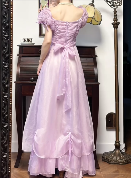 Lavender Vintage Prom Gown, Square Neck Puff Short Sleeves, Ruched Fitted Waist Bodice, Flowy Tulle Full‑Length Skirt With Bow Details, Floor‑Length Evening Prom Dress gh8792
