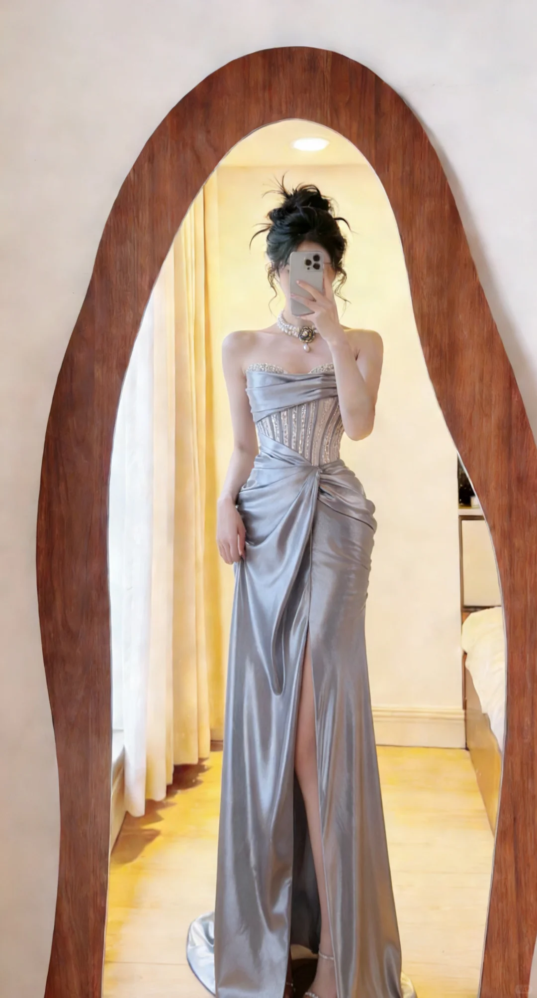 ✨Girlhomeshops-Silver Strapless Satin High Slit Mermaid Prom Dress gh10425
