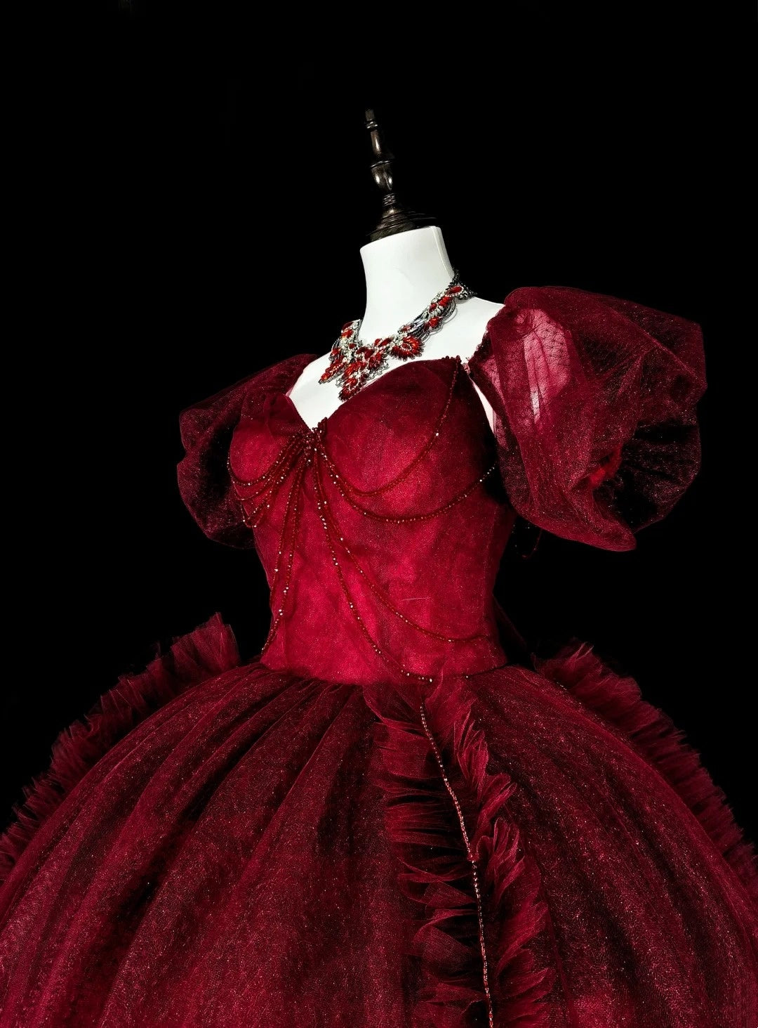 girlhomeshops-Burgunderrotes, retro-glitzerndes, kurzärmeliges, langes Tüll-Ballkleid gh6134
