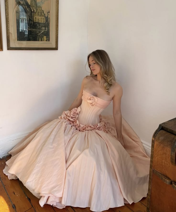 ✨Girlhomeshops-Blush Pink Strapless Corset Midi Prom Dress, 3D Rose Floral Satin Ball Gown gh10224