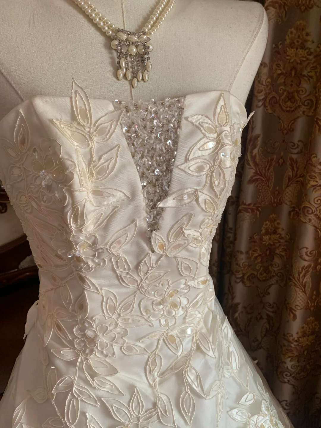 Ivory Strapless Printed Fitted Waist Voluminous Skirt Prom Gown, Birthday Dress, Bridal Wedding Gown gh7267