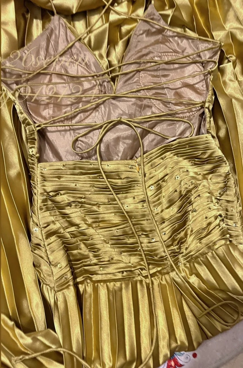 Robe de bal longue en satin ornée de perles en métal doré, robe de soirée, robe de remise de diplôme gh4507