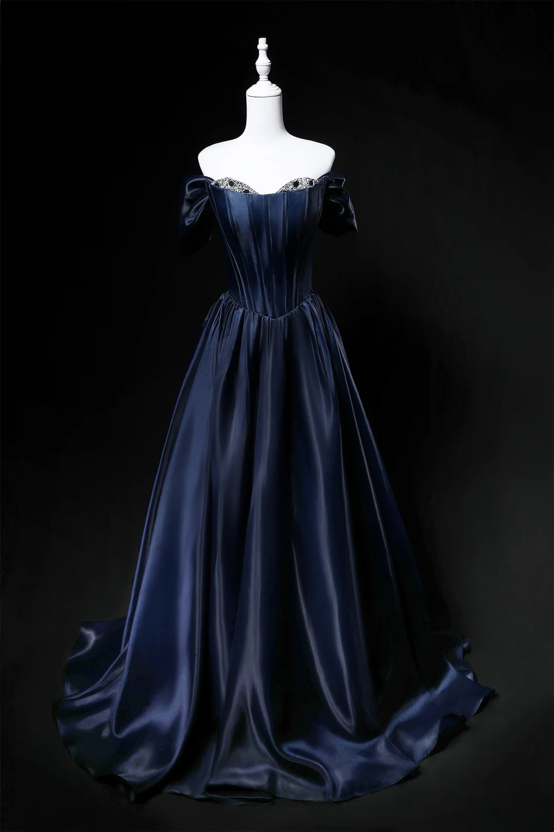 Navy Blue Off Shoulder Fishbone Waist-Cinched Slimming Long Evening Dress, Fairy Gown, Romantic Gown gh7467