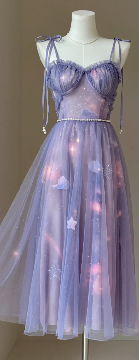 Spaghetti Strap Purple Starry Sky Homecoming Dress Bow Tie Shoulder Rhinestone Waist A-Line Tulle Midi Formal Gown gh9486