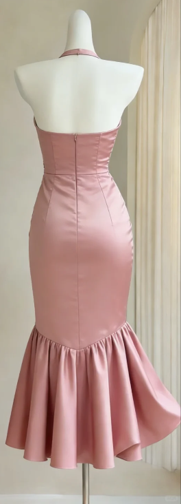 Strapless Dusty Pink Satin Mermaid Evening Gown Sweetheart Ruched Bodice Lace Up Back Formal Dress gh9471