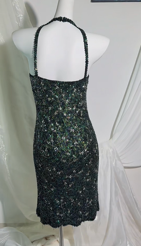 Sexy Vintage Black Base Halter Prom & Evening Party Dress, Beaded Details, Fitted Waist Bodycon Silhouette gh8552