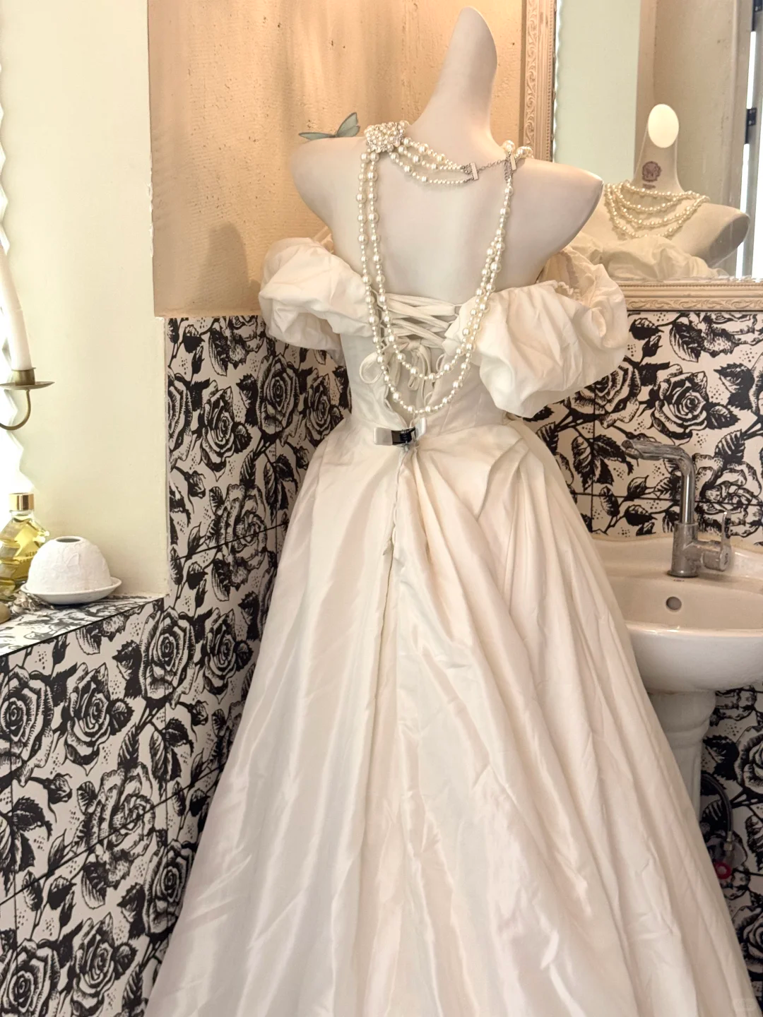 White Off-Shoulder Soft Waist-Cinched Fitted Satin Long Romantic Dress, Wedding Gown gh7513