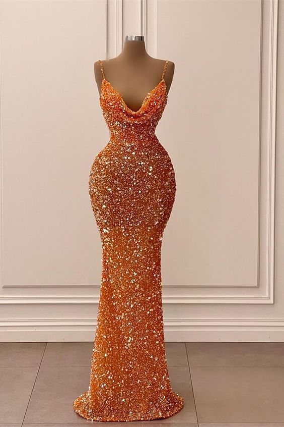 Orange wunderschöne glänzende V-Ausschnitt Meerjungfrau schlanke Spaghettiträger lange Pailletten Ballkleid Abendkleid Partykleid gh2070