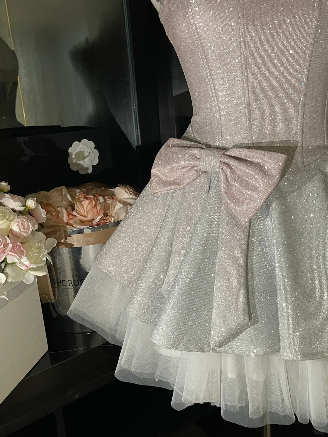 Rosa funkelndes, kurzes Satin-Heimkehrkleid mit Barbie-Prinzessin, Ballkleid, gh4631
