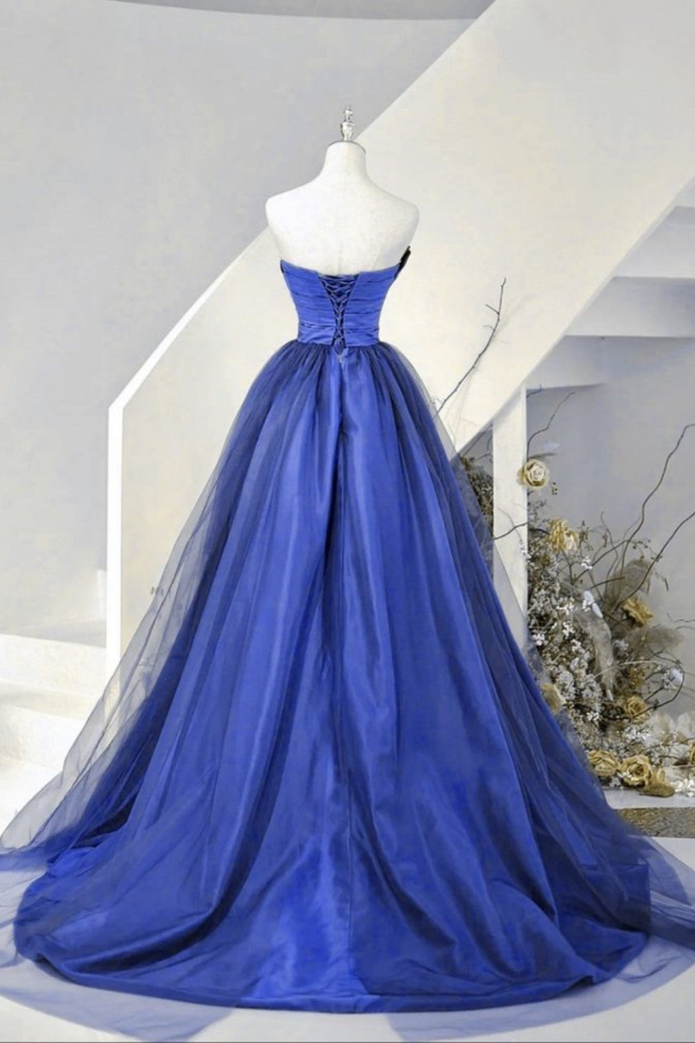 Blaues schulterfreies A-Linien-Satin-Tüll-langes Partykleid Ballkleid Abendkleid gh3106