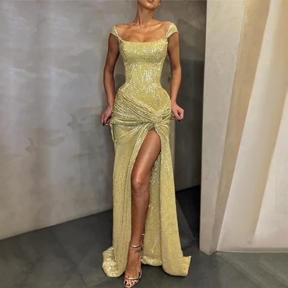 Robe de soirée sexy à paillettes jaunes brillantes, longue, sans manches, fendue, gh2087