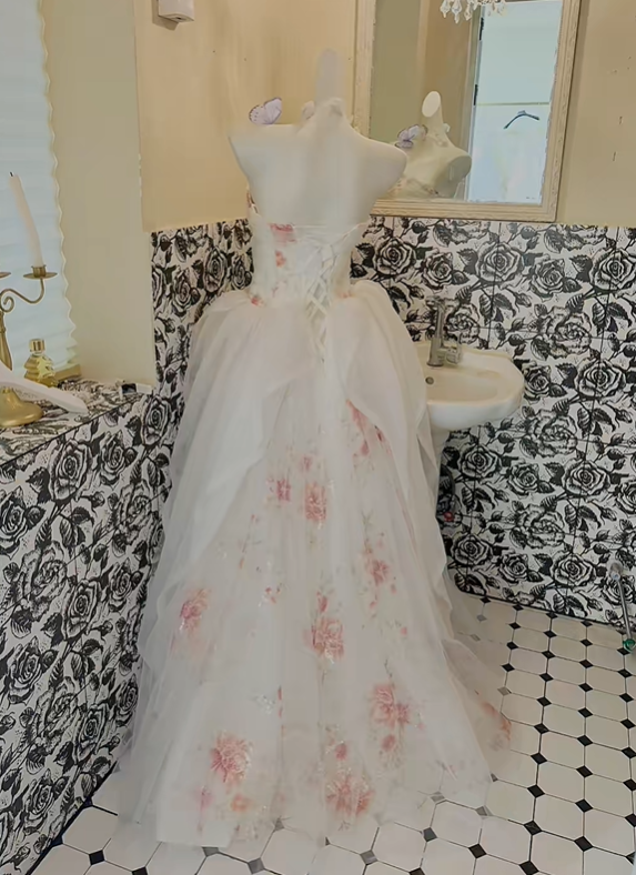 White Strapless Cinched Waist Pink Printed Full Flared Skirt Long Romantic Dress, Wedding Gown gh7822
