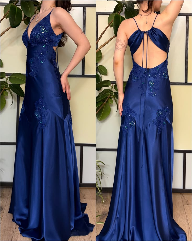✨Girlhomeshops-Royal Blue Deep V Open Back Lace Sequin Satin Mermaid Formal Prom Gown gh10272