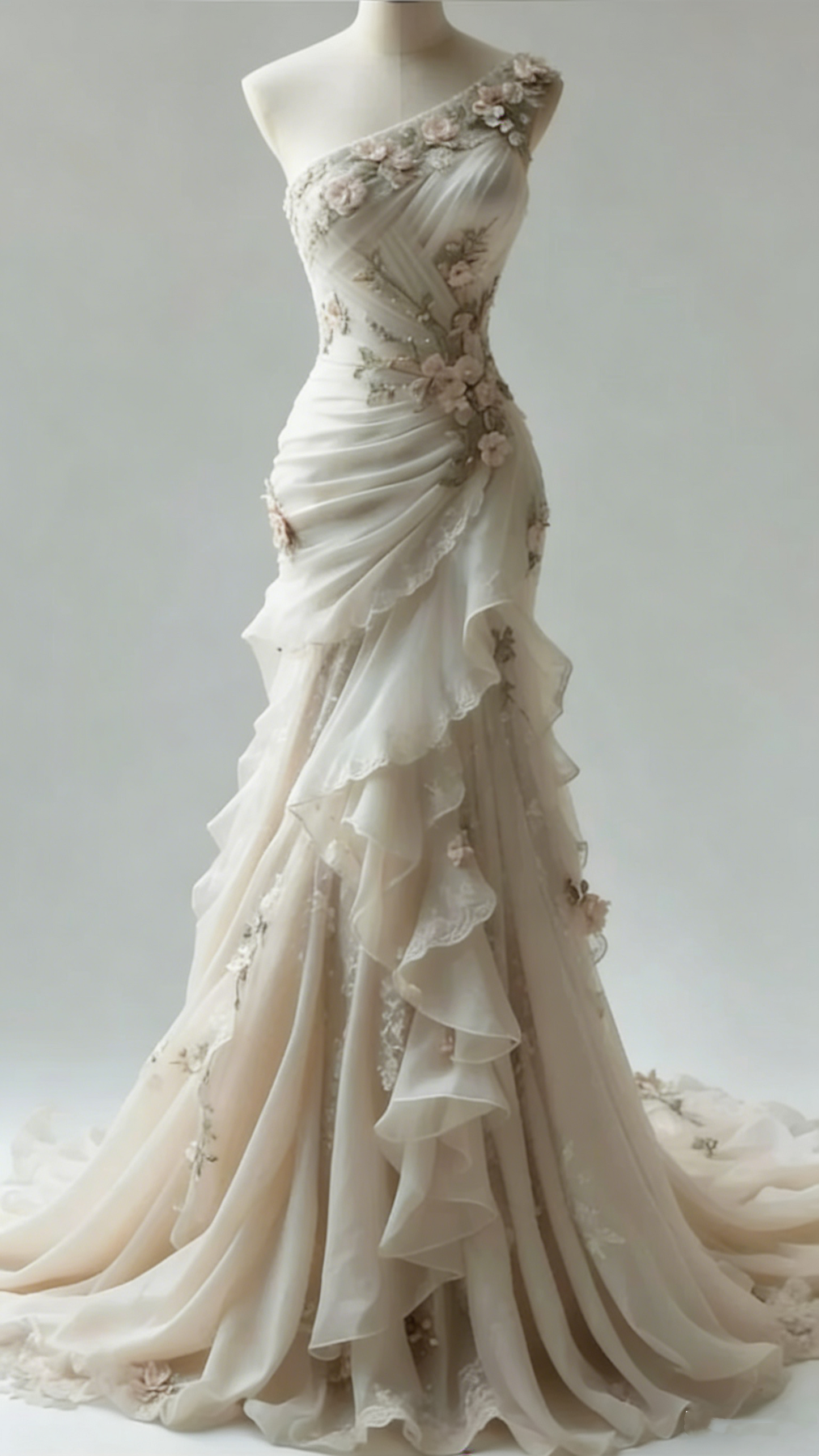 Elegantes Meerjungfrauenkleid im Fairy Luxury Style Champagner mit asymmetrischem 3D-Blumen-Ausschnitt und asymmetrischen Schultern – perfekt für Hochzeit, Dinner und andere festliche Anlässe (gh6561)