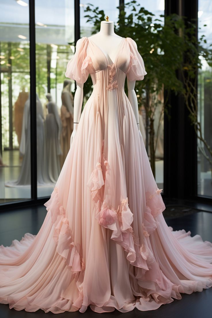 Wunderschönes, rosa A-Linien-Ballkleid mit langem Rüschen-Tüll, Abendkleid, Hochzeitskleid, Abschlusskleid, gh3274