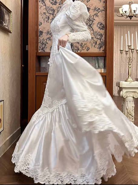 White Vintage Satin Mermaid Wedding Prom Dress, Lace High Neck Illusion V‑Neck, Leg‑of‑Mutton Puff Sleeves, Heart‑Shape Lace Appliqués, Scalloped Lace Long Train gh8680