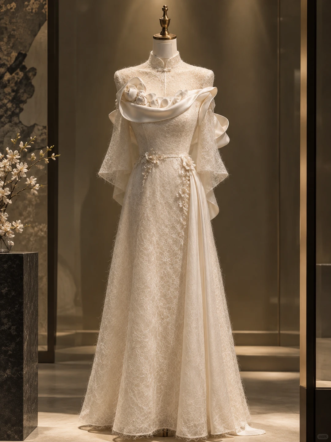 ✨Girlhomeshops-Elegant Ivory Satin Rose Lace Qipao Bridal Evening Gown gh10333