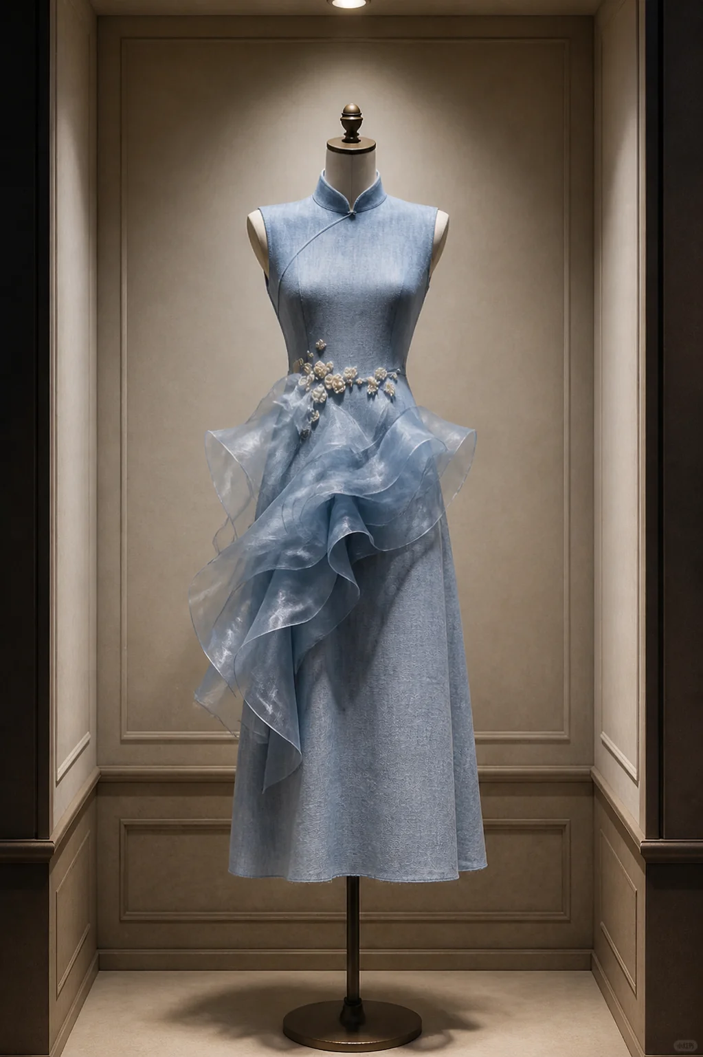 ✨Girlhomeshops-Light Blue Organza Ruffle Pearl Cheongsam Qipao gh10429