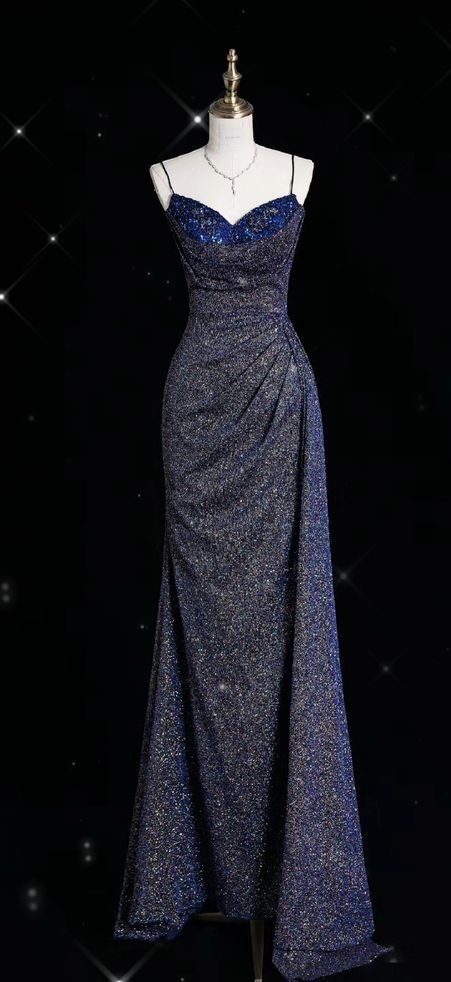 Robe de soirée longue à paillettes et bretelles spaghetti, bleu brillant, perles exquises, fente sexy, sirène, slim, robe de bal gh3359