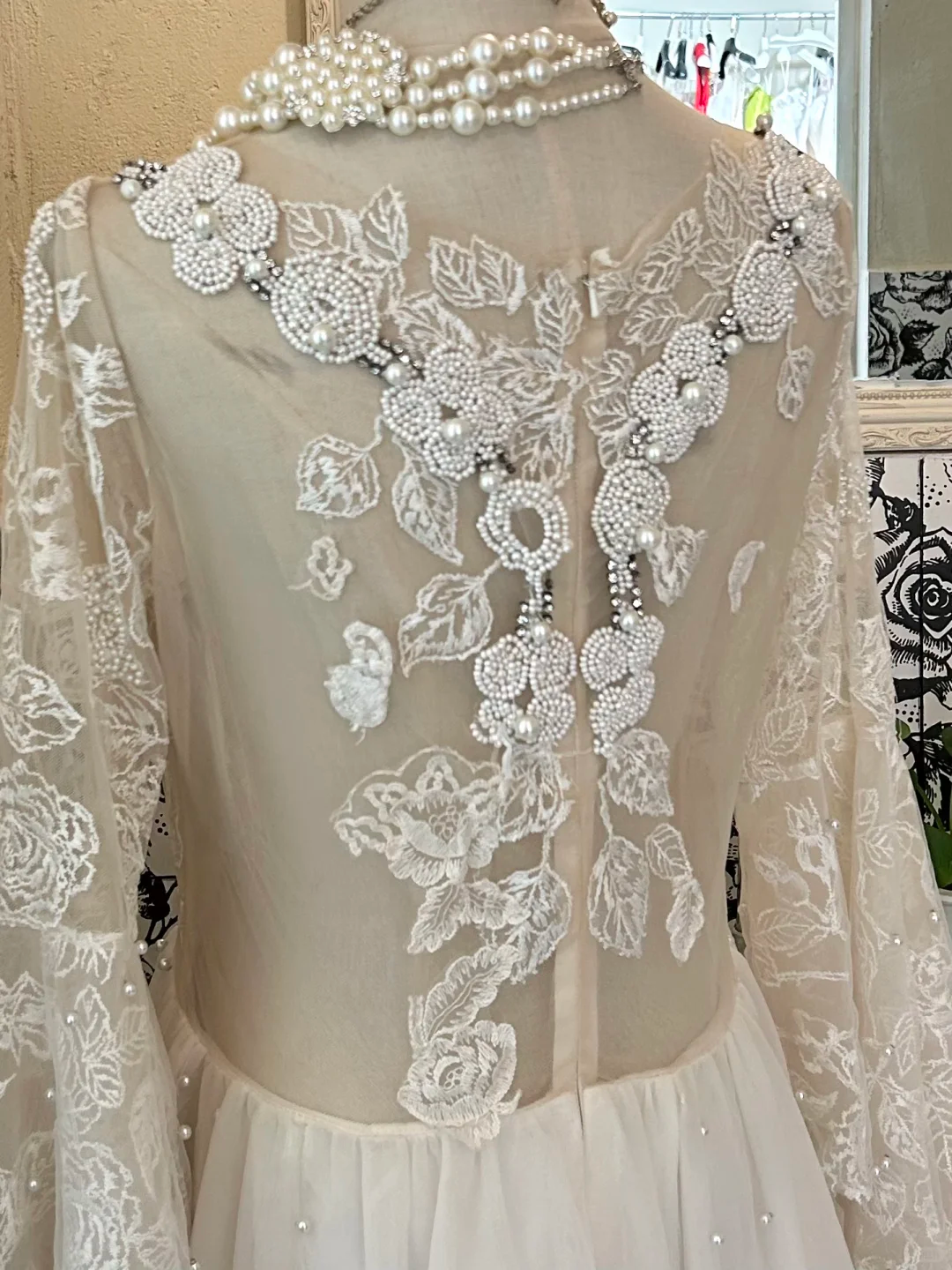 Ivory Long Sleeve Lace Waist-Cinched Full Flared Skirt Romantic Dress, Wedding Gown gh7662