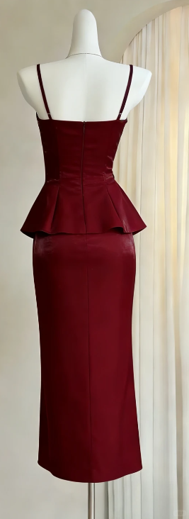 Spaghetti Strap Burgundy Satin Evening Gown Sweetheart Corset Peplum Midi Formal Dress gh9469