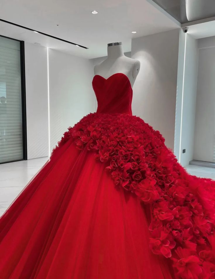 Wunderschönes, elegantes rotes Tube-Top mit Blumenmuster, bodenlang, lang, aus Tüll, Ballkleid, Abendkleid, Hochzeitskleid gh3140