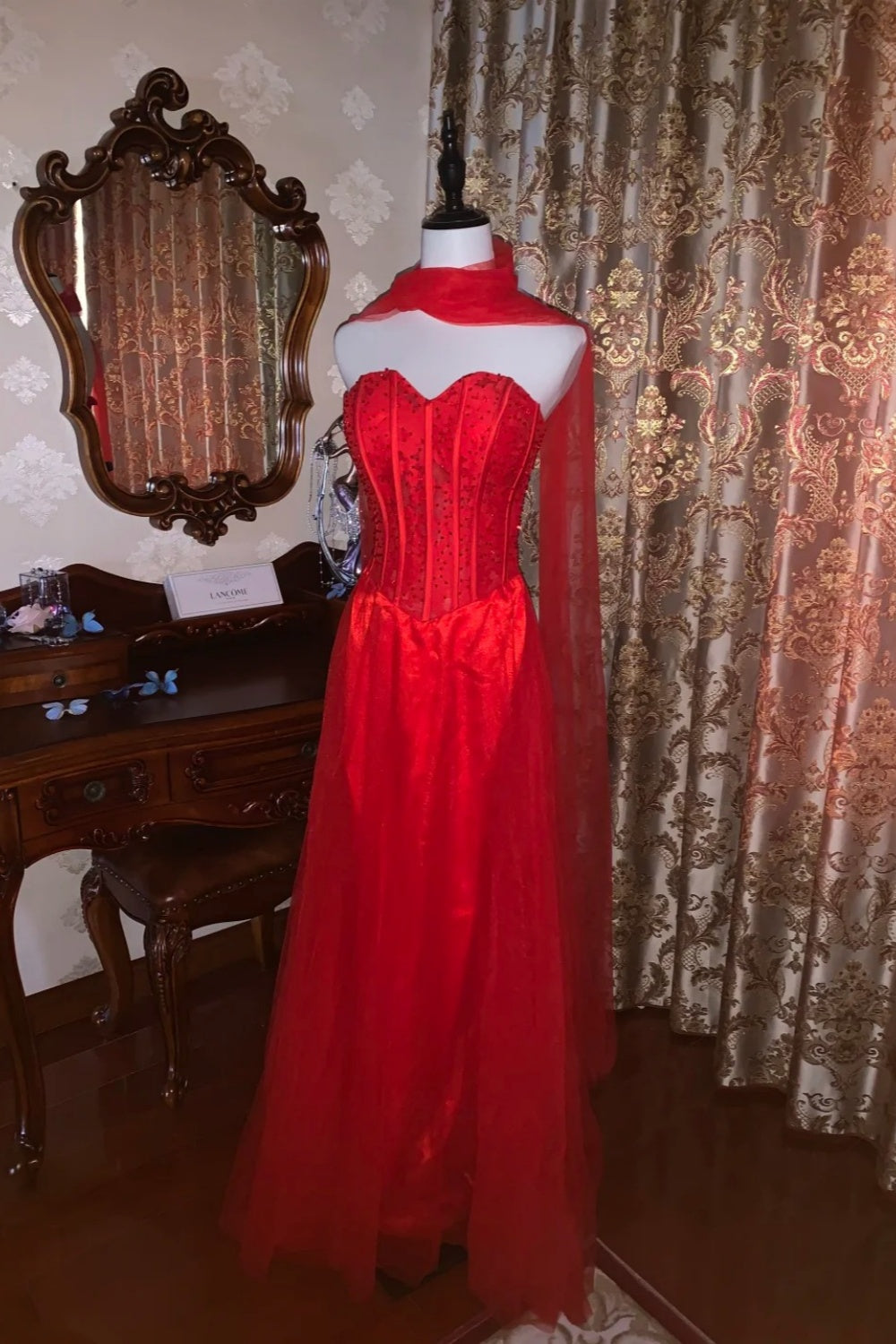 girlhomeshops – Rotes, leidenschaftliches, exquisit perlenbesetztes langes formelles Ballkleid gh6302
