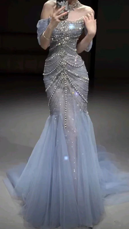 Wunderschönes, glänzendes, schulterfreies, exquisites, mit Perlen verziertes, langes Tüll-Meerjungfrauen-Kleid mit schmalem Fischschwanzrock, Ballkleid, formelles Abendkleid, Hochzeitskleid gh3559