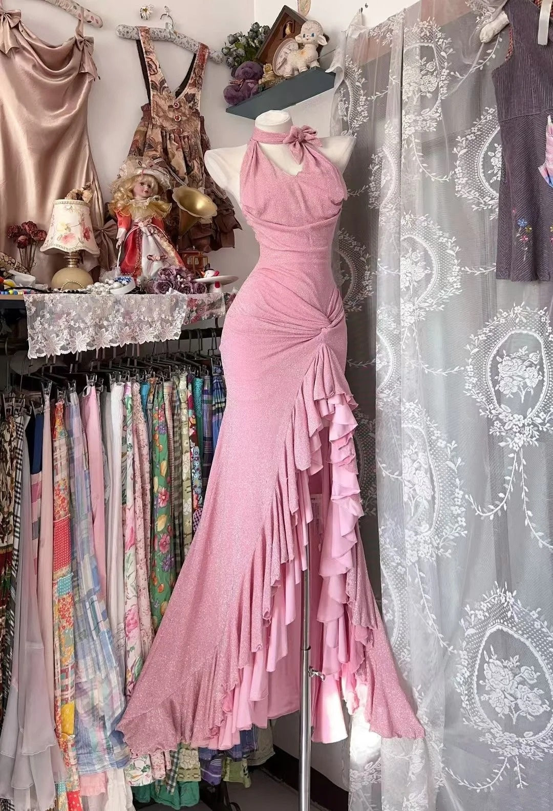 Pink Lace Graduation Dress Girl Prom Dress Long Formal Dress gh6789