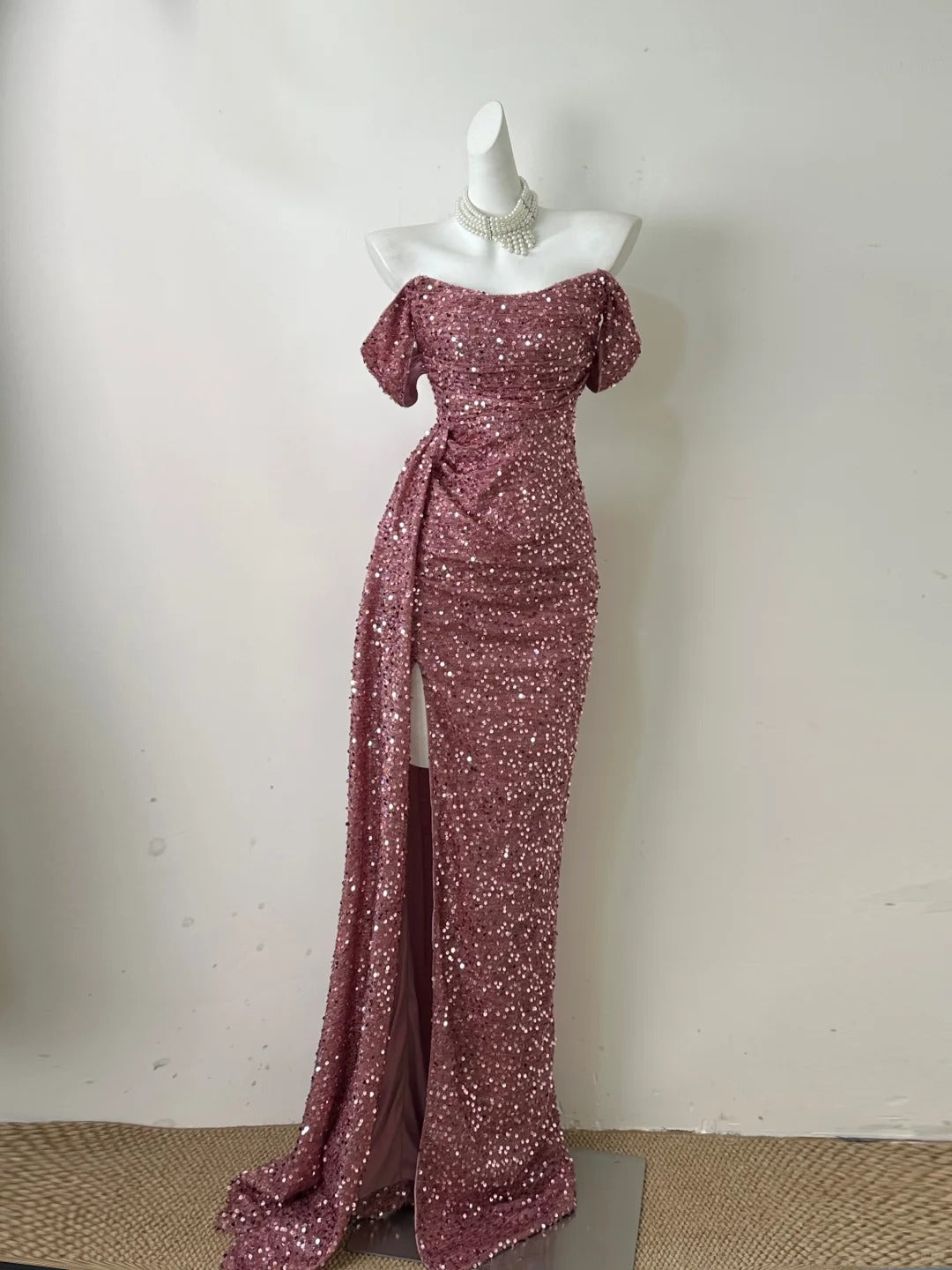 Rosa Einfache Modische Elegante Lange Pailletten Boden-länge Sexy Schlitz Ballkleid Abendkleid Ballkleid gh3729