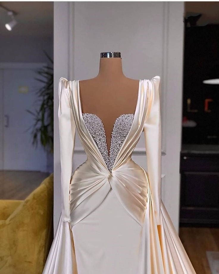 Robe de soirée sirène en satin à épaules dénudées et traîne perlée gh2176