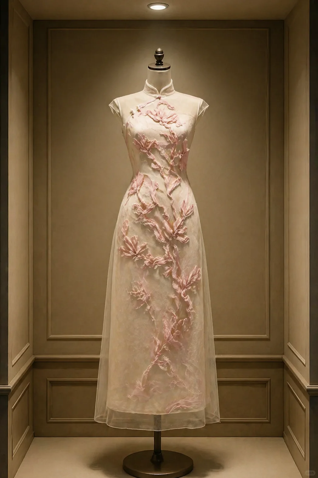 ✨Girlhomeshops-Light Apricot New Chinese Cheongsam, Cap Sleeve Pink 3D Flower Sheer Tulle Midi Dress gh10454