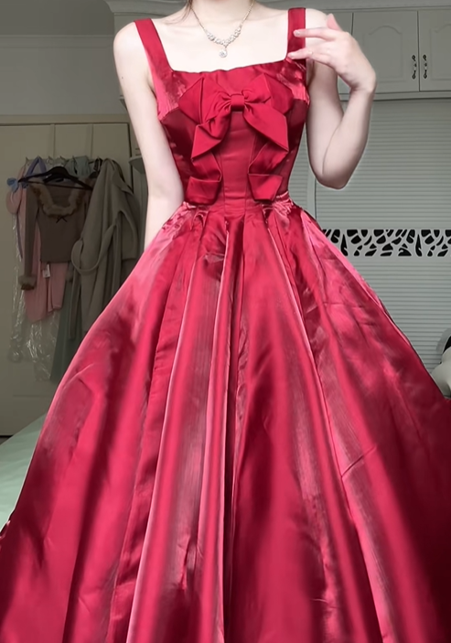 Burgundy Square‑Neck Wide‑Strap Satin Long Evening Gown, Large Front Bow A‑Line Formal Prom Dress gh9037