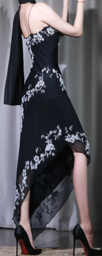 ✨Girlhomeshops-Spaghetti Strap Floral Embroidery Dress, Black Tulle Slit Midi Evening Gown gh9938