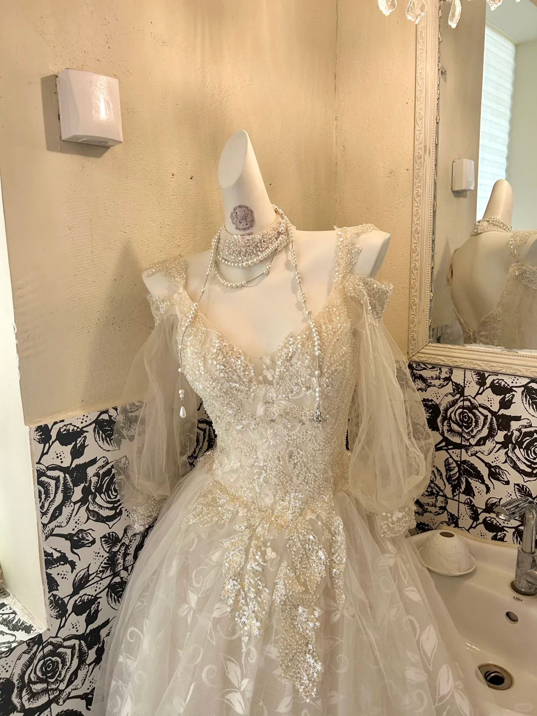 Ivory Spaghetti Straps Sequined Midi-Length & Long Fit Cinched Waist Romantic Dress, Wedding Gown gh7799