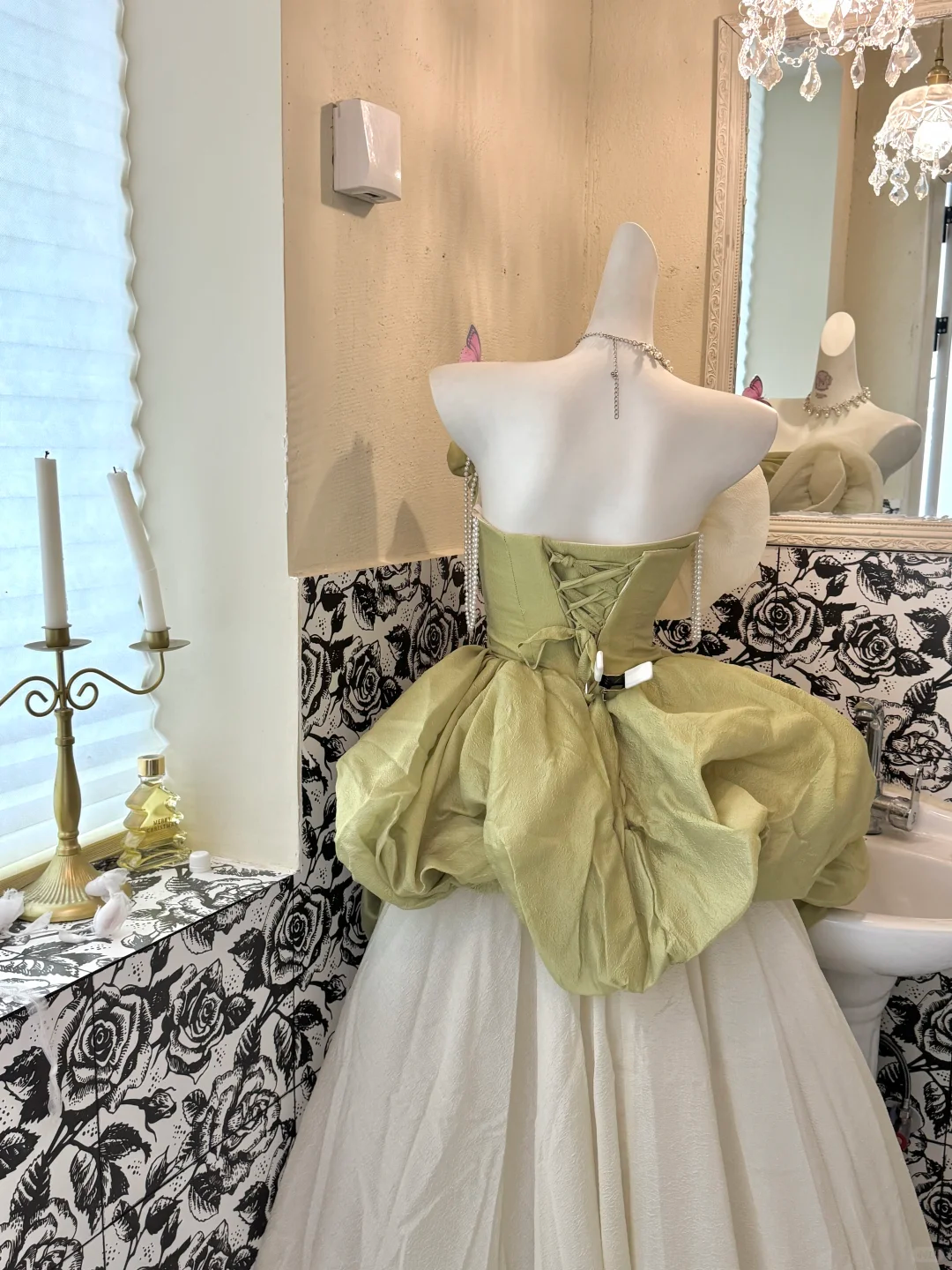 Light Green Strapless Waist-Cinched Voluminous Skirt Long Romantic Dress, Wedding Gown gh7642
