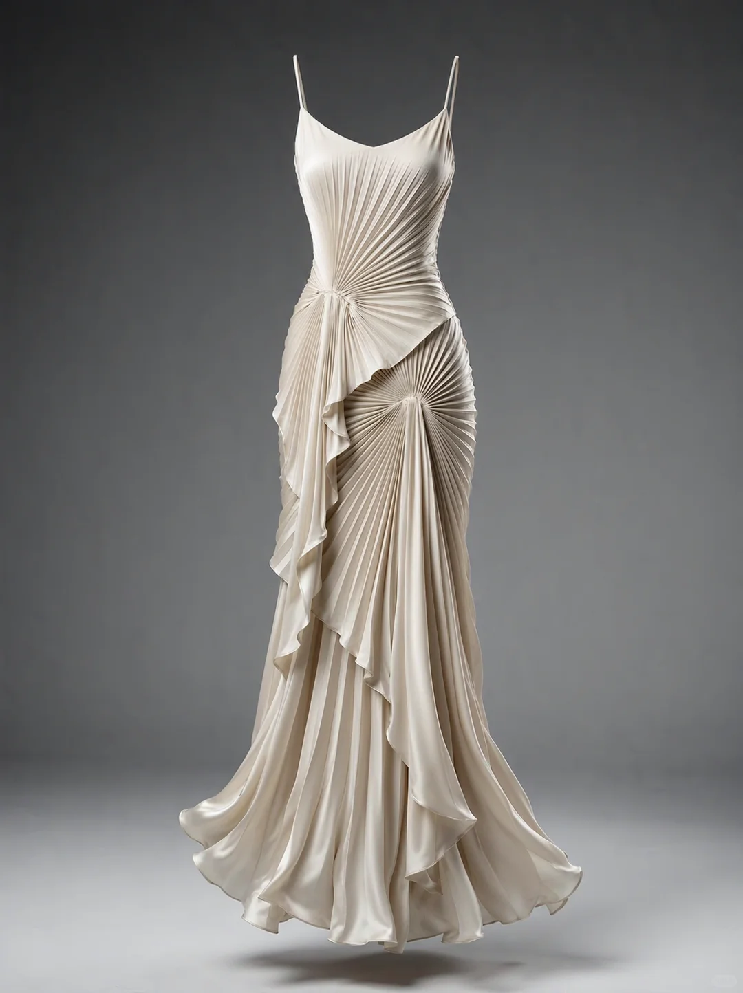 ✨Girlhomeshops-Spaghetti Strap V-Neck Satin Mermaid Gown with Sunburst Pleats & Ruffles gh10508