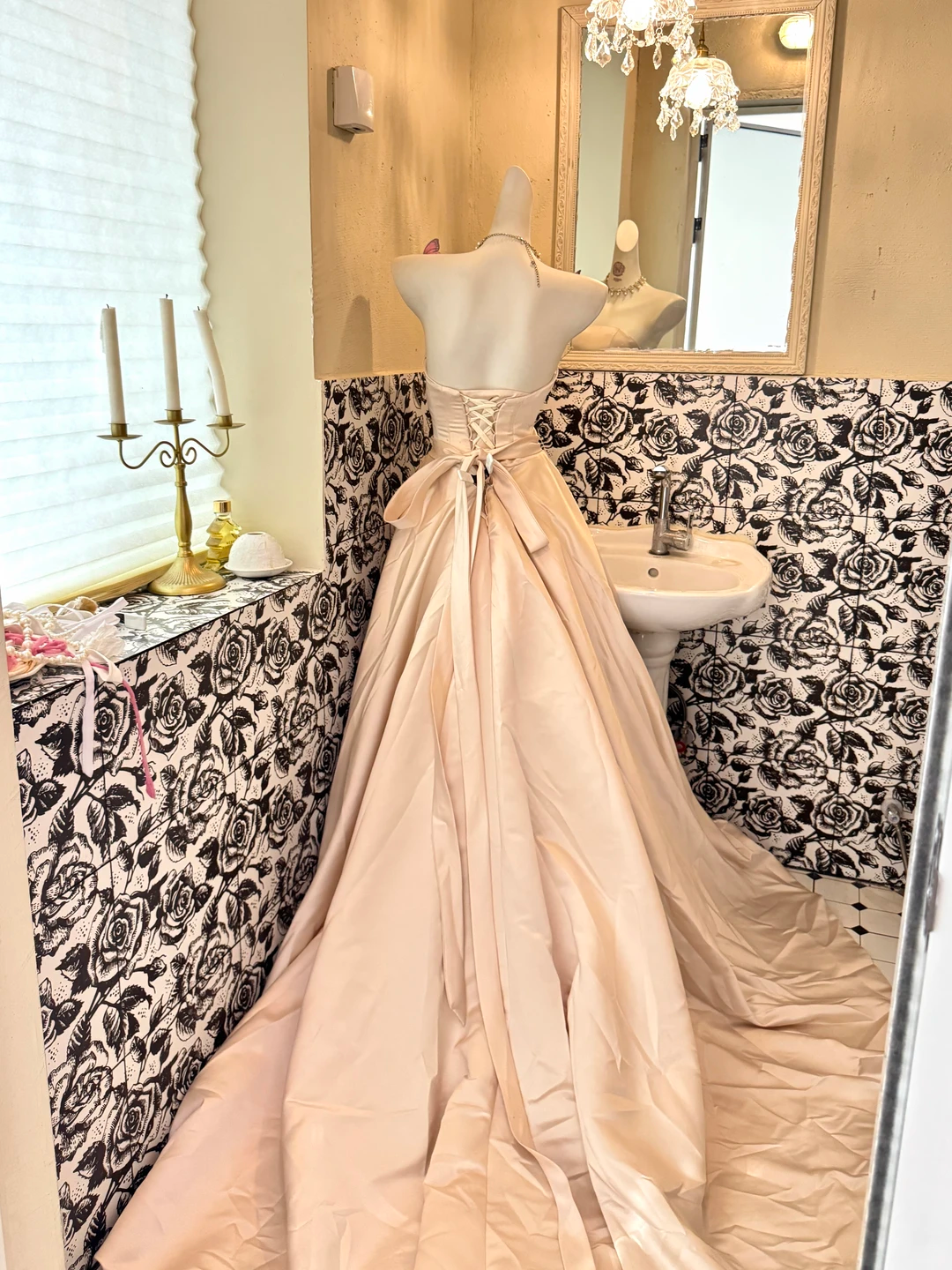 Blush Pink Minimalist Strapless Waist-Cinched Full Flared Long Fairy Romantic Dress, Wedding Gown gh7564