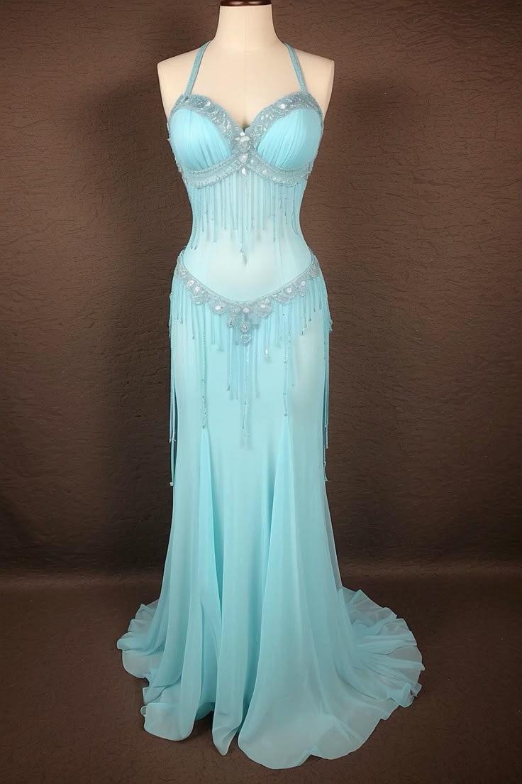 Zartes, blaues, perlenbesetztes, langes Chiffon-Halterkleid gh6869