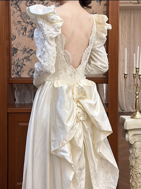 Ivory Vintage Satin Wedding Gown, V‑Neck 3D Bow Puff Shoulders, Lace Embroidered Long Sleeves, Lace Appliqués Fitted Waist, A‑Line Long Train With Scalloped Lace Hem, Prom Dress gh8665