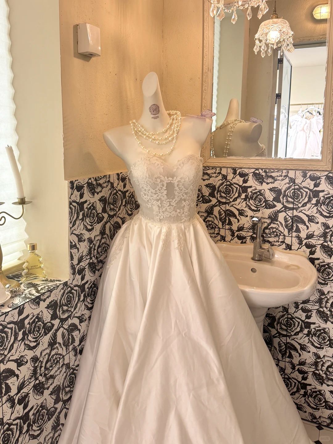 Ivory Strapless Lace Waist-Cinched Satin Full Flared Skirt Long Romantic Dress, Wedding Gown gh7740