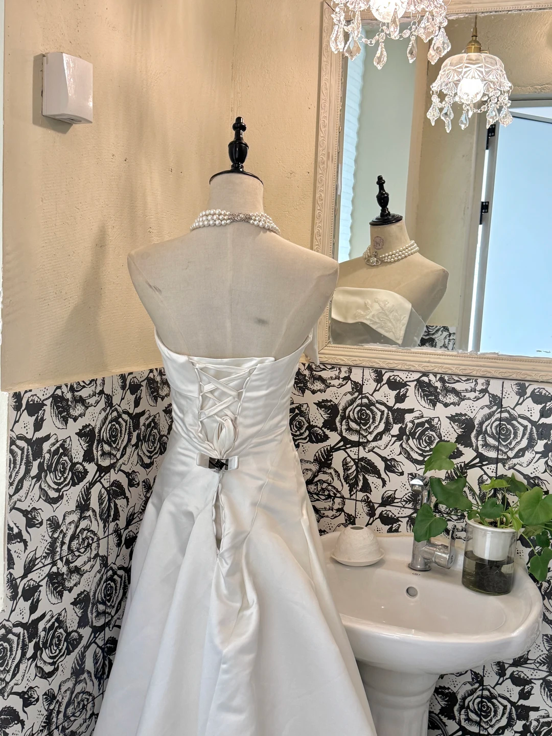 Minimalist White Satin Strapless Waist-Cinched Full Flared Long Romantic Dress, Wedding Gown gh7665