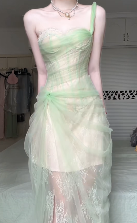 Sage Green One‑Shoulder Strapless Evening Gown, Boned Corset Draped Tulle Lace Sheer High‑Slit Mermaid Prom Dress gh9055