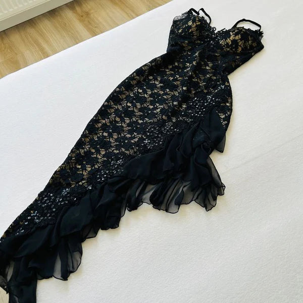 Robe de soirée longue à volants en dentelle exquise noire à la mode gh3283