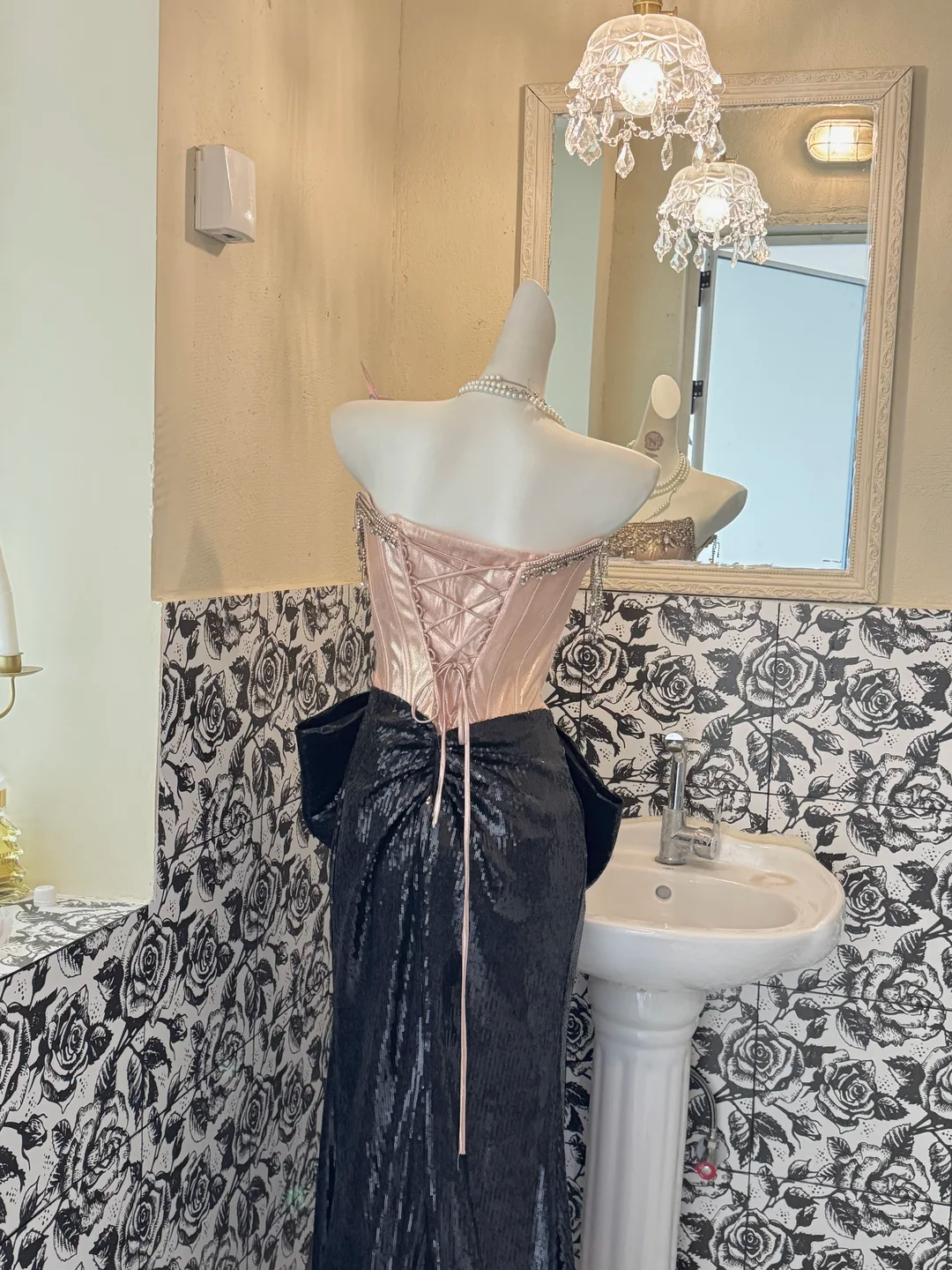 Pink Strapless Gusset Boned with Black Slimming Skirt Luxury Romantic Dress, Wedding Gown gh7640